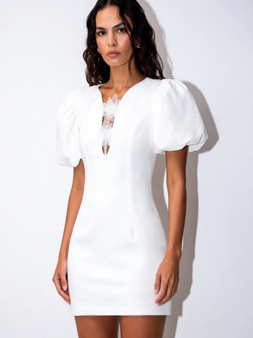 NWT ELLIATT Euphoria Diamante Puff Sleeve Mini Dress White Size Large